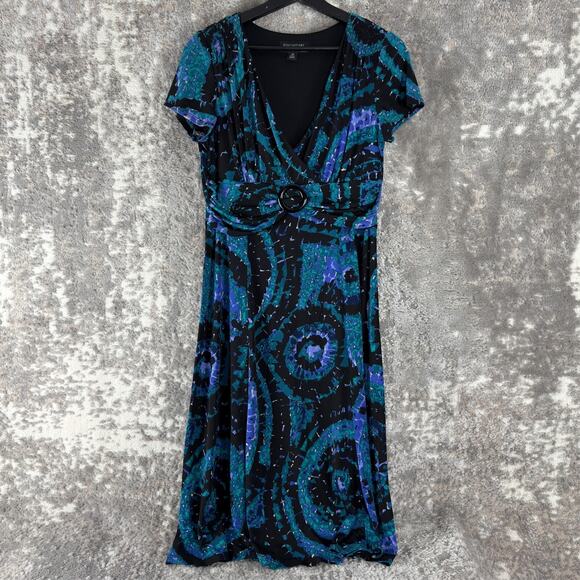 Perceptions Size 10 Midi Faux Wrap Dress Blue Black Short Sleeve V Neck Stretch - Picture 1 of 9